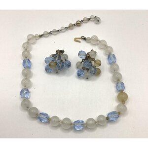 1950s Japan Glass Bead Necklace & Earrings-Blue & White-Vintage Estate